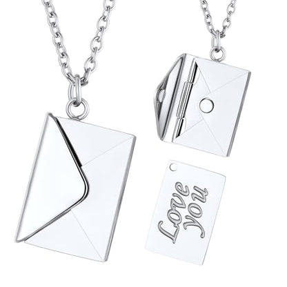 FindChic Locket Necklace for Women Custom Photo Memorial Gifts Multi-Shaped - color: Silver-Envelope