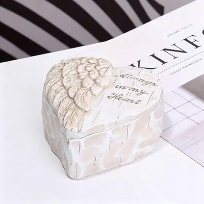 Heart-Shaped Angel Wing Jewelry Box, White Resin, 'Always in My Heart' Engraved, 3.34 x 1.77 Inch, Keepsake Storage