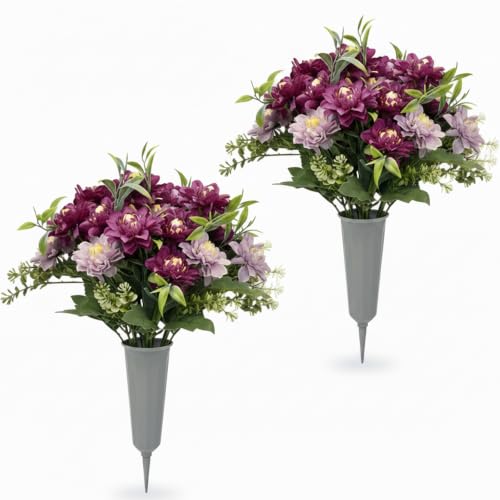 Artificial Cemetery Flowers for Grave, 2 Pack UV Resistant Silk Peony for Fall, Autumn Outdoor Grave Decorations, Weatherproof Funeral Flowers for Cemetery Vase