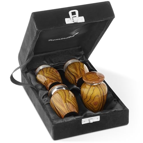 Reminded Small Cremation Keepsake Urns for Human Ashes, Set of 4 Teak Wood Grain Miniature Urns with Velvet Case and Bags