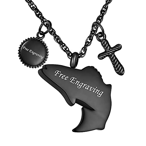XIUDA Fish Urn Cremation Necklace for Ashes Urn Necklaces for Human Ashes In Loving Memory of Dad Fishing Locket Ashes Holder Keepsake Cremation Memorial Pendant Jewelry - color: t-black-engraving