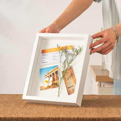 8x10Shadow Box Frame with Ultra-Clear Glass & Soft Linen Back | With Push Pins and Stand, Deep 1.2" White Shadow Box Display Case – Display on Tabletop or Wall for Photo, Flower, Keepsakes - color: White+high Definition Panel + Shatter-proof Packaging, si