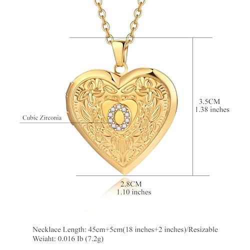 Badu Gold Initial A-Z Necklace for Women Heart Photo Lockets that Hold Picture Love Image Cubic Zirconia Necklace - color: O