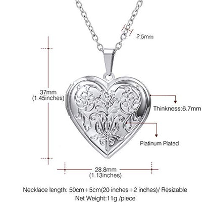 U7 Women Locket Necklace, Heart Photo Lockets Hold Picture, Gift Box Packed - color: 02# Platinum*Flower Grain