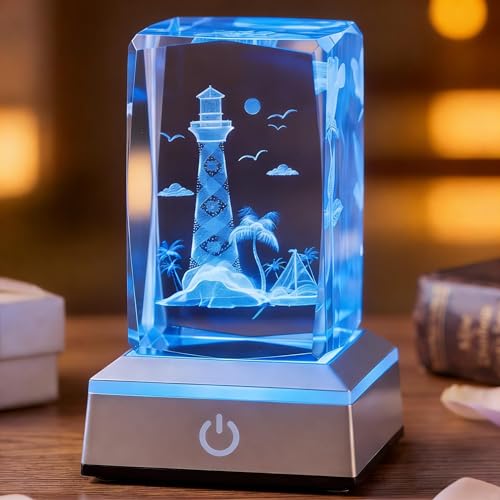 3D Laser Crystal Lighthouse Seabird Coast Cube with LED Stand Base - 3D Engraving Light House Decorations for Home Lighthouse Gifts - Crystal Night Lamp with Adjustable LED Lights - color: Lighthouse