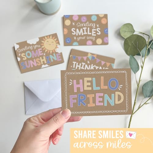 Hadley Designs Thinking of You Cards with Envelopes - 24 Hello Greeting Cards Thinking of You Card for Men & Women Bulk, Blank Encouragement Card for Kids, Just Because Cheerful Encouraging Notecards - style: Kraft Colorful