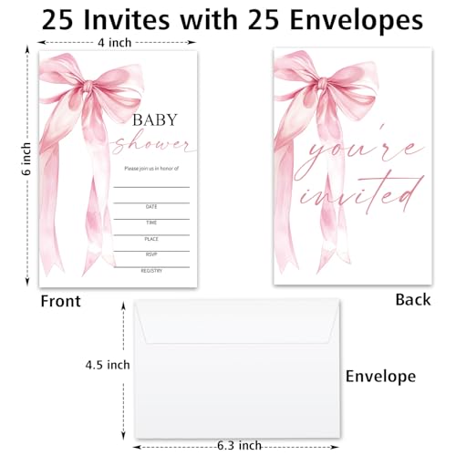 Baby Shower Invitations for Girls, Pink Bow Baby Announcement Invite Cards, 25 Set of Fill-in Baby Shower Invites with Envelopes, Gender Reveal Party Supplies -B05 - color: Pink Bow-03