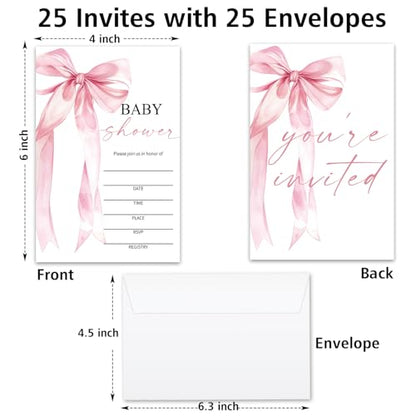 Baby Shower Invitations for Girls, Pink Bow Baby Announcement Invite Cards, 25 Set of Fill-in Baby Shower Invites with Envelopes, Gender Reveal Party Supplies -B05 - color: Pink Bow-03