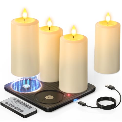 Yme Waterproof Rechargeable Pillar Candles Flickering with Remote Timers | Magnetic Charging Base, Flameless LED Battery Operated Candles, for Outdoor Indoor Lantern Home Patio Yard Decor, 4 Pack