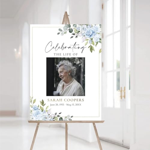 Celebration Of Life Sign With Picture, Funeral Poster Board Personalized, Blue Florals Funeral Welcome Sign, Memorial Sign, Celebration Of Life Sign, Celebration Of Life, In Loving Memory Sign - color: Version 11