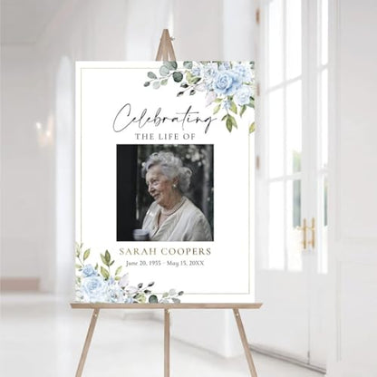 Celebration Of Life Sign With Picture, Funeral Poster Board Personalized, Blue Florals Funeral Welcome Sign, Memorial Sign, Celebration Of Life Sign, Celebration Of Life, In Loving Memory Sign - color: Version 11
