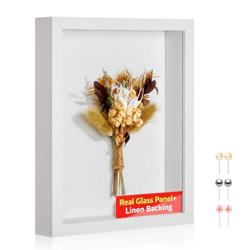 11x14 Shadow Box Picture Frame with Real Glass Panel and Linen Back | With Push Pins and Stand, Deep 1.5" White Shadow Box Display Case – Display on Tabletop or Wall for Photo, Wedding, Keepsake - color: White + Thickened Panel + Foam Packaging, size: 11x