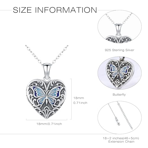 Heart Photo Locket Necklace Sterling Silver for Women | Dragonfly, Butterfly, Turtle, Dog Paw and Mother Daughter Styles, Jewelry Gifts for Mom Christmas Birthday Anniversary. - style: 2-Butterfly