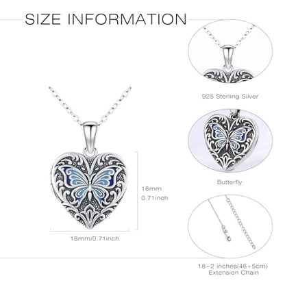 Heart Photo Locket Necklace Sterling Silver for Women | Dragonfly, Butterfly, Turtle, Dog Paw and Mother Daughter Styles, Jewelry Gifts for Mom Christmas Birthday Anniversary. - style: 2-Butterfly
