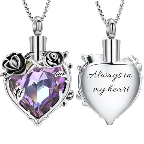 Rose Flower Cremation Urn Necklace for Ashes Heart Crystal Memorial Jewelry for Women Urn Keepsake Pendant Human Pet Memorial Locket Holder - color: A-Silver (Purple Stone) - Always in my heart