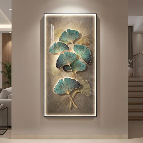 Framed LED Vertical Wall Art for Living Room, Modern Luxury Ginkgo 30x60 In - color: Green Ginkgo Leaf Wall Art