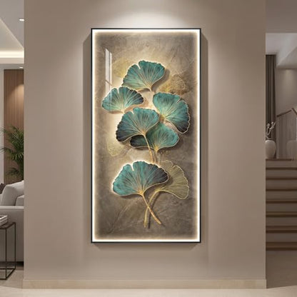 Framed LED Vertical Wall Art for Living Room, Modern Luxury Ginkgo 30x60 In - color: Green Ginkgo Leaf Wall Art