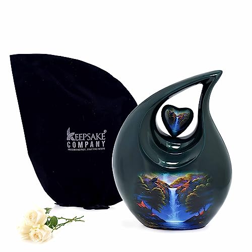 White Teardrop Small Urns for Human Ashes/Mini Urn with Sky Blue Heart/Cremation Keepsakes for Ashes/Ash Holders (Green - Blue Waterfall, Large - (L) (156 Cu in)) - color: Green - Blue Waterfall, size: Large - L (156 Cubic Inch)