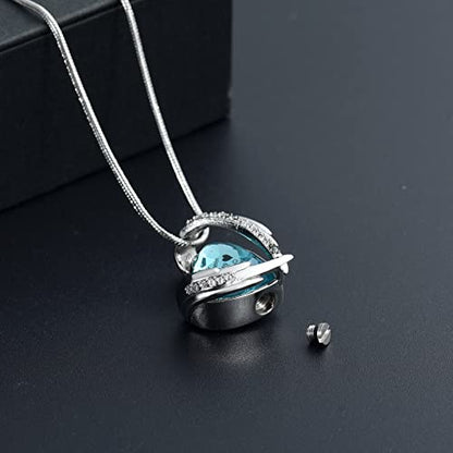 Heart Crystal Cremation Urn Necklace for Ashes, Stainless Steel Cremation Jewelry for Ashes Memorial Pendant Ashes Urn Necklace with Engraving and Filling Kit - color: Sky-Blue Crystal