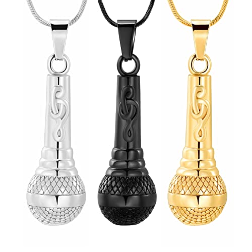 Microphone Cremation Jewelry for Ashes - Memorial Urn Necklace Ashes Holder Stainless Steel Keepsake Pendant Jewelry for Music Lover - color: 3PCS(Silver+Black+Gold)