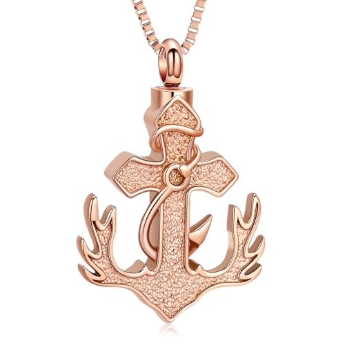 XSMZB Deer Antler Anchor Urn Necklace for Ashes Human Pet Fish Hook Cross Funeral Cremation Jewelry Keepsake Ash Pendant Memorial Necklaces - color: Rose Gold