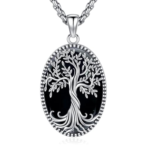 Sterling Silver Tree of Life Necklace for Women Oval Family Tree Necklace Abalone Shell Moonstone Pendant Mother Day Necklace for Mom Tree of Life Jewelry - style: Tree of Life-Black Obsidian(Oval)