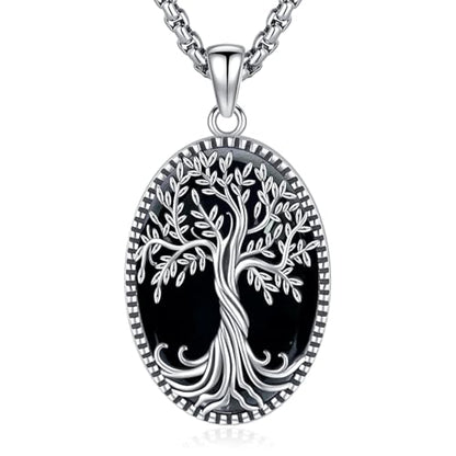 Sterling Silver Tree of Life Necklace for Women Oval Family Tree Necklace Abalone Shell Moonstone Pendant Mother Day Necklace for Mom Tree of Life Jewelry - style: Tree of Life-Black Obsidian(Oval)