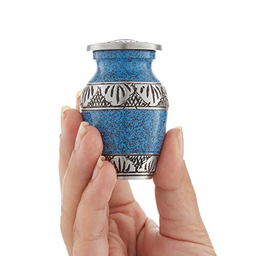 Reminded Small Cremation Urns for Human Ashes, Mini Keepsake Set of 4 Blue and Silver with Velvet Case - color: Blue