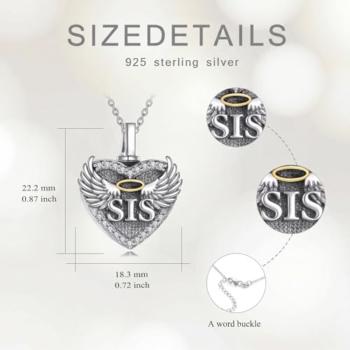Family Members Urn Necklace for Ashes 925 Sterling Silver Angel Wings Heart Cremation Memorial Keepsake Pendant Jewelry for Loved One's Ashes, with 18" + 2" Stainless Steel Chain - style: Heart-Sister