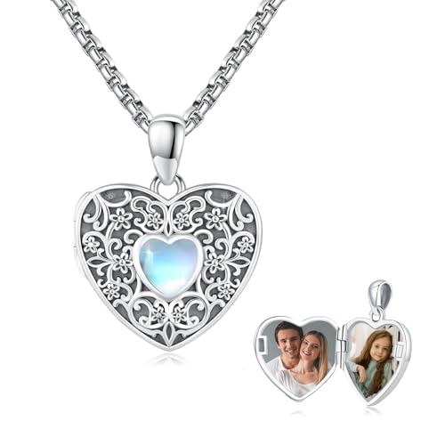 Locket Necklace for Women 925 Sterling Silver Celtic Locket Pendant Necklace Moonstone/Turquoise/Black Agate Heart Shaped Locket Necklace Jewelry Gifts for Women - style: Daisy Pattern
