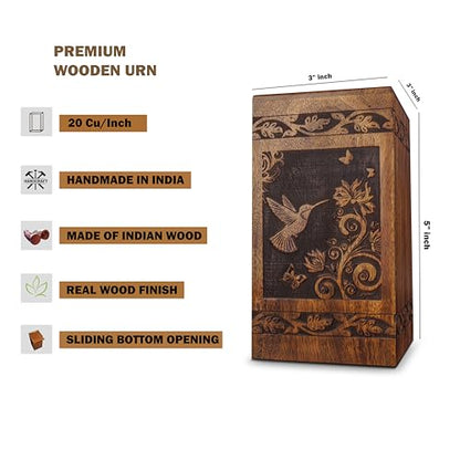 ZIYA Handmade Wooden Keepsake Sharing Cremation Urns for Human Ashes Adult Female Male – Hummingbird Small Decorative Funeral Burial Adult Mini Urn for Women Men Ashes Box for Mom Dad Up to 20 lbs - size: Small (Keepsake)