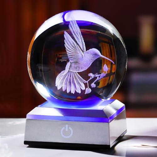 Crystal Ball 3D Engraved Hummingbird with LED Colorful Base 3.15‘’ - color: Hummingbird
