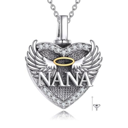 Family Members Urn Necklace for Ashes 925 Sterling Silver Angel Wings Heart Cremation Memorial Keepsake Pendant Jewelry for Loved One's Ashes, with 18" + 2" Stainless Steel Chain - style: Heart-NANA