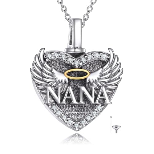 Family Members Urn Necklace for Ashes 925 Sterling Silver Angel Wings Heart Cremation Memorial Keepsake Pendant Jewelry for Loved One's Ashes, with 18" + 2" Stainless Steel Chain - style: Heart-NANA
