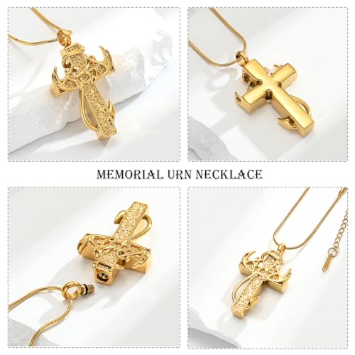 zeqingjw Cross Urn Necklace Fish Hook Cremation Jewelry for Ashes Pendant Stainless Steel Deer Antler Cross Memorial Human Pet Keepsake Ashes Holder for Men Women - color: Gold
