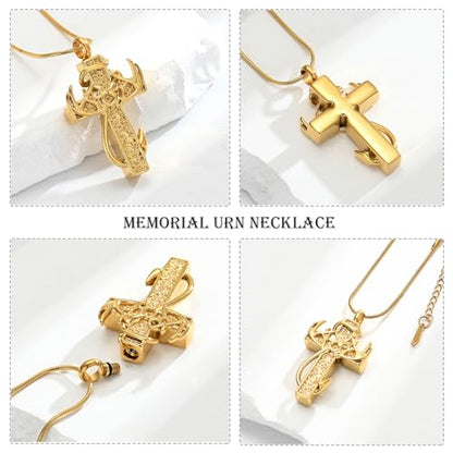 zeqingjw Cross Urn Necklace Fish Hook Cremation Jewelry for Ashes Pendant Stainless Steel Deer Antler Cross Memorial Human Pet Keepsake Ashes Holder for Men Women - color: Gold