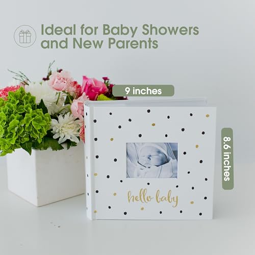 Pearhead Hello Baby Photo Album, Keepsake Book for New and Expecting Parents, Gender-Neutral Baby Accessory, Ideal Gift for Baby Shower, Holds 200 Pictures, Black and Gold Polka Dot | Holds 200 4x6" Pictures with Space for Notes, Memory Keepsake Book for