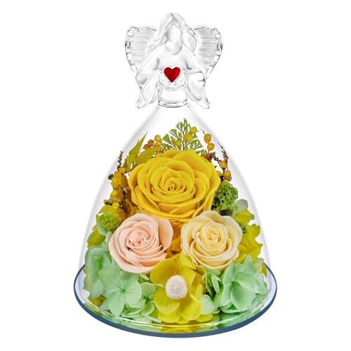 Preserved Flowers in Glass Angel Figurine with LED Light,Forever Real Roses Prime Eternal Flower Birthday Glitter Decorations for Her Women Mom Grandma Sister (Yellow 2) - color: Yellow 2
