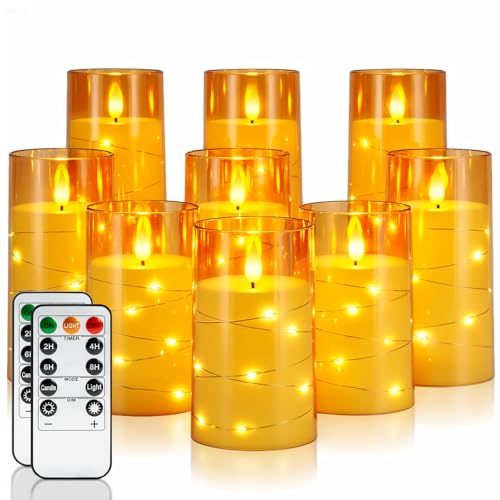 Homemory 9 Pcs Flameless Candles with Embedded Star String Fairy Lights, Battery Operated Candles, LED Candle, Fake Candles with Remote Control and Timer (Gold) - color: Gold, size: D3"x H5"5"5"6"6"6"8"8"8"