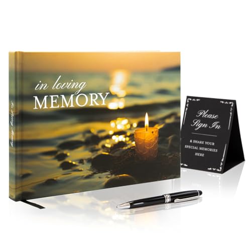 Candle Hardcover Funeral Guest Book - 9.5 x 7 Celebration of Life Guestbook for Memorial Service with 5x7 Paper Sign, Pen, Black Photo Corner Stickers - color: Candle