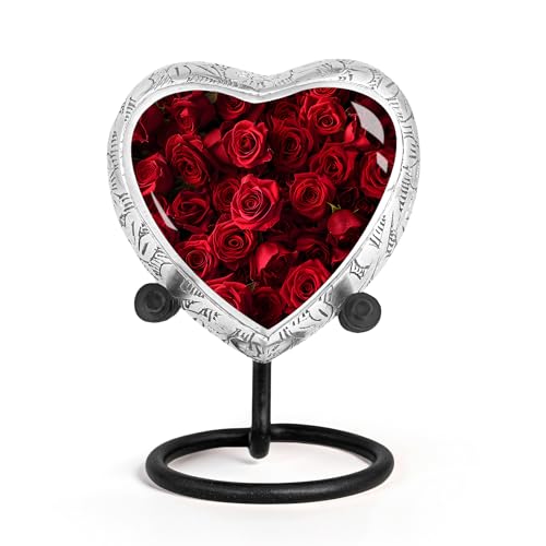 Red Rose Keepsake Cremation Urn for Human Ashes – Small Decorative Floral Memorial Funeral Burial Urn for Men & Women, Aluminum for Home Display or Cemetery - size: Small Heart