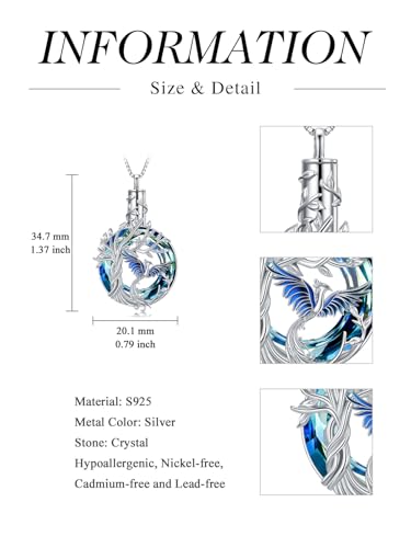 TOUPOP Phoenix Urn Necklace Cremation Jewelry for Ashes 925 Sterling Silver Crystal Phoenix Pendant with Funnel Filler Memorial Jewelry Gifts for Women - color: 01-Blue Phoenix