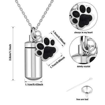 Stainless Steel Pet Urn Necklace for Ashes - Memorial Cremation Jewelry with Black Paw Print Charm, Christmas/Mother's Day/Thanksgiving Sympathy Gift for Dog/Cat Lovers