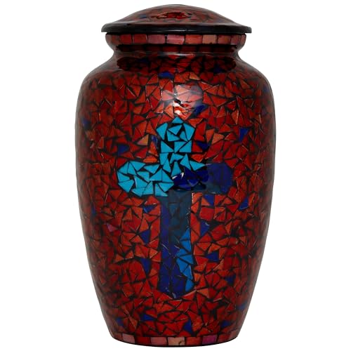 Mosaic Glass Cremation Urn - Hand Made Funeral Urn for Human Ashes - Large Adult Size Burial Urn - Hand Applied Individual Tiles Create a one of a Kind Work of Art - 200 cu in (Red-Blue Cross) - color: Red-blue Cross