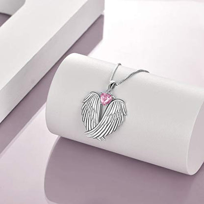 YFN Angel Wings Necklace 925 Sterling Silver Guardian Angel Wings Pendant Necklace Birthstone Necklace for Women Girls Christmas Jewelry Gifts - color: October-Pink