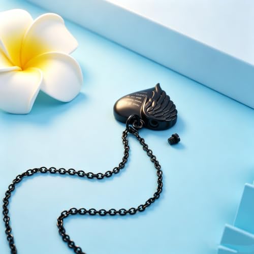 Heart Cremation Urn Necklace Human Ashes Jewelry for Women Men Engraved Your Wings were Ready but My Heart was Not Angel Wings Memorial Pendant Necklace Gift for Family Members - color: Black