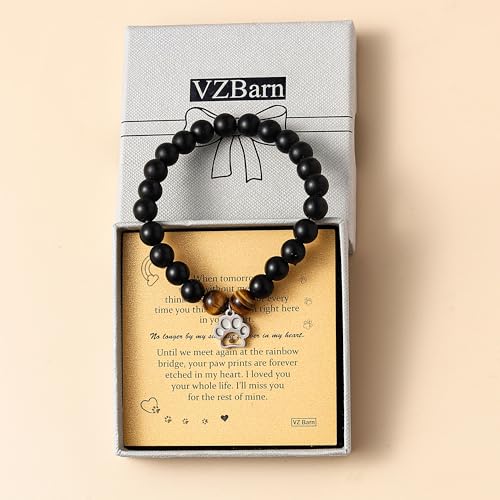 VZBarn Memorial Gifts for Loss of Pet’s Mom Pet Keepsake Dog Cat Paw Charm Natural Stone Bracelet Remembrance Gift for Women - color: Black Stainless Steel