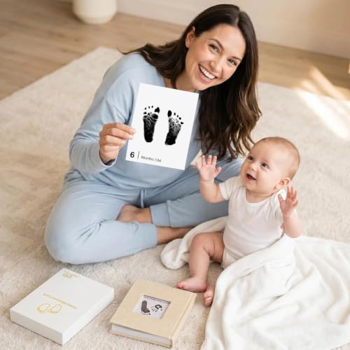 15 Pack Little Lullaby Inkless Milestone Cards Baby Hand and Footprint Kit 12 Months Newborn Memory Book Keepsake Ink Pad for Handprints Footprints (White Box + Beige Photo Album) - style: White Box + Beige Photo Album