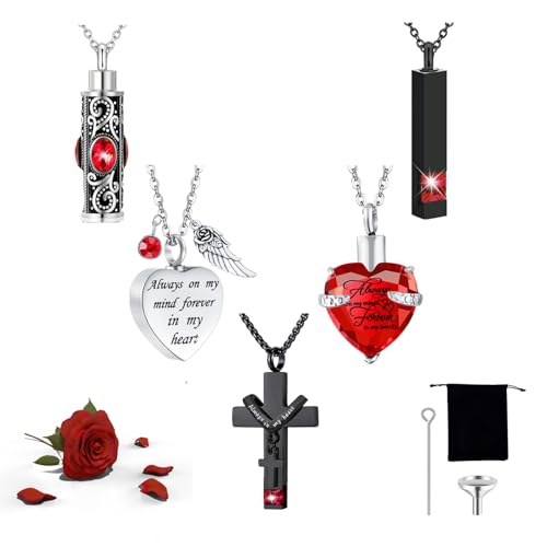 5 Piece Urn Necklace for Ashes, Red Cremation Jewelry for Ashes, Crystal Heart Cross Cubic Ashes Necklace with Angel Wing, Ashe Keepsake for Men and Women with Small Spoon, Funnel, Velvet Bag - color: red