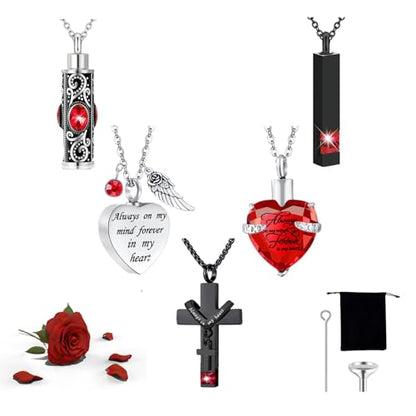 5 Piece Urn Necklace for Ashes, Red Cremation Jewelry for Ashes, Crystal Heart Cross Cubic Ashes Necklace with Angel Wing, Ashe Keepsake for Men and Women with Small Spoon, Funnel, Velvet Bag - color: red